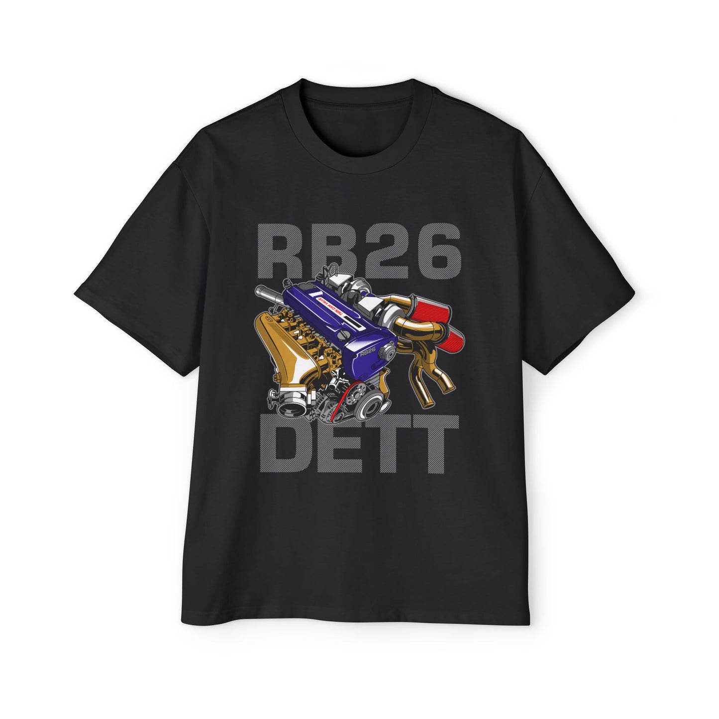 Men's Heavy Oversized Tee - RB26 DETT Engine Graphic T-Shirt for Car Enthusiasts - CreativeRino