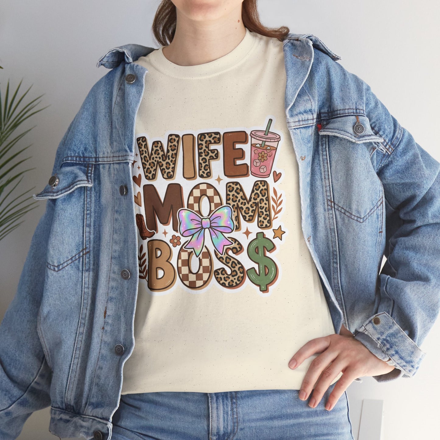 Wife Mom Boss Leopard Graphic Tee – Cute Mom Life Shirt with Bow & Coffee Printify