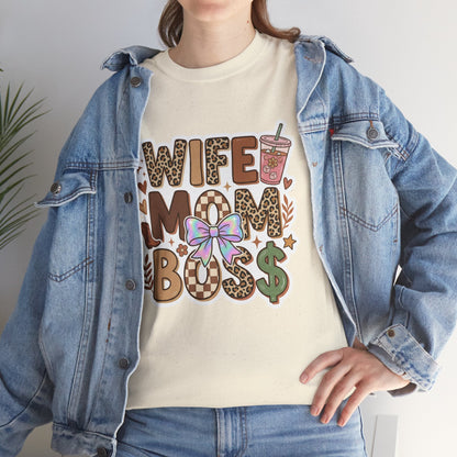 Wife Mom Boss Leopard Graphic Tee – Cute Mom Life Shirt with Bow & Coffee Printify