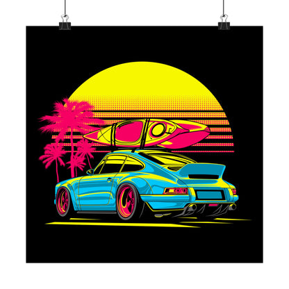Retro Beach Vibes Matte Square Poster - Neon Car & Surfboard Design - CreativeRino