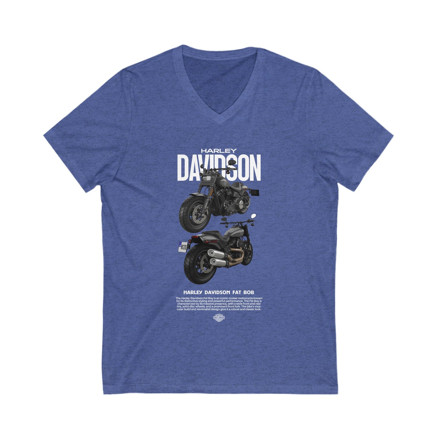 Harley-Davidson Fat Bob V-Neck Tee - Vintage Motorcycle Graphic T-shirt for Bikers - CreativeRino