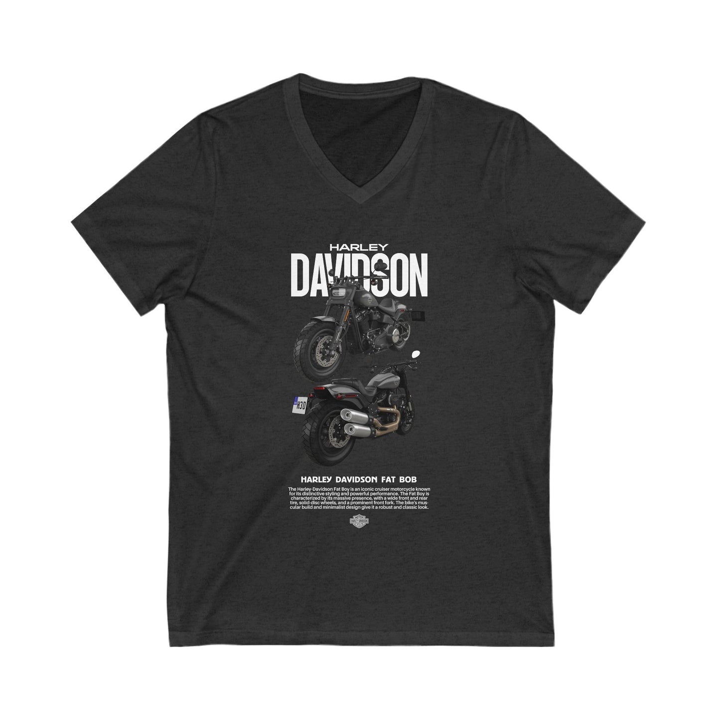 Harley-Davidson Fat Bob V-Neck Tee - Vintage Motorcycle Graphic T-shirt for Bikers - CreativeRino