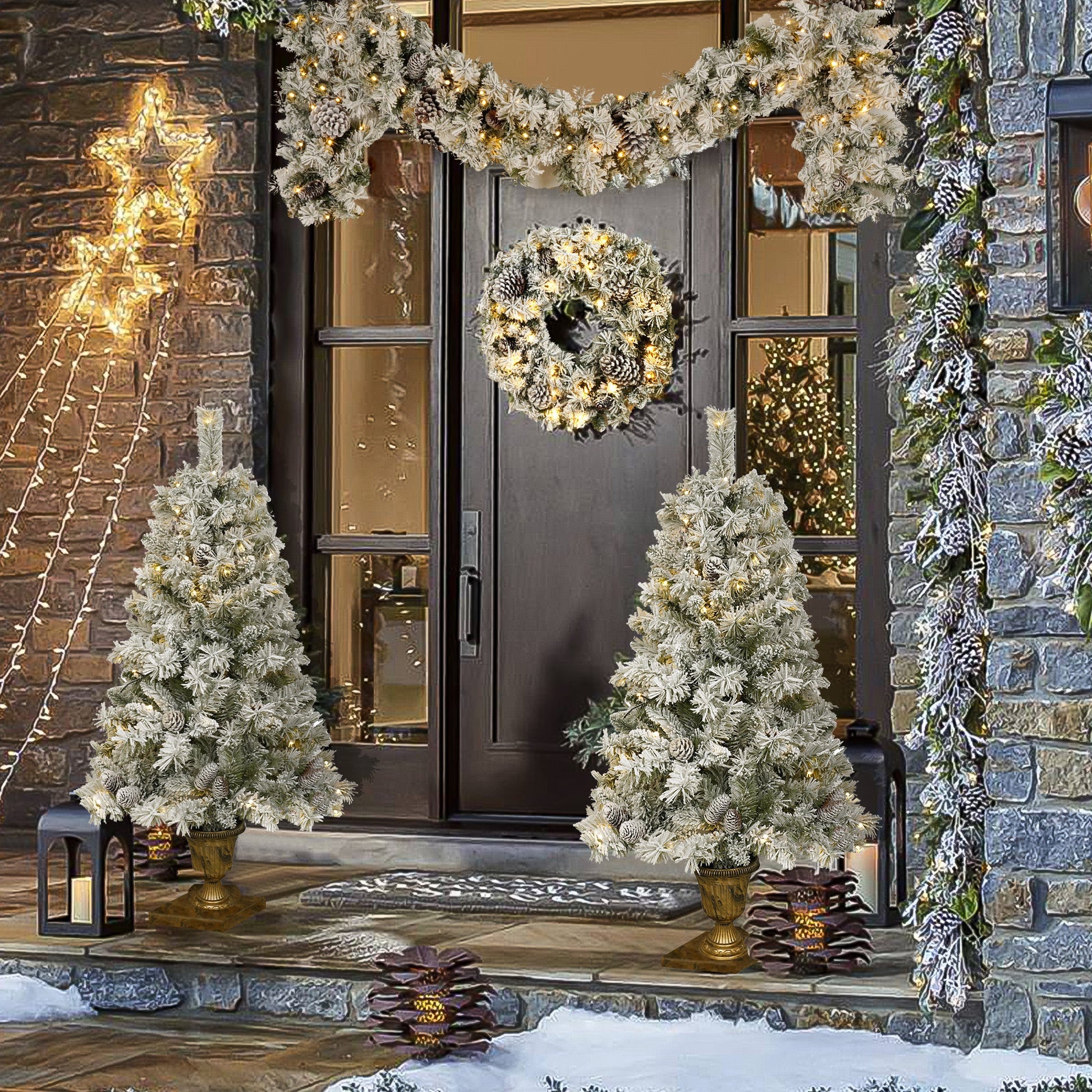 Deluxe 4-Piece Pre-Lit Christmas Tree & Garland Set | LED Entrance & Flower Decor eprolo