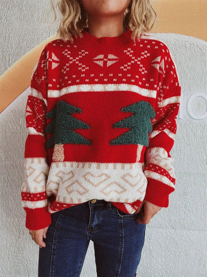 Fun Cartoon Christmas Tree Jacquard Sweater | Knitted Holiday & New Year Pullover eprolo