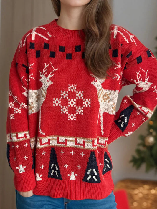 Festive Reindeer Christmas Element Sweater | Round Neck Long Sleeve Pullover Knit eprolo