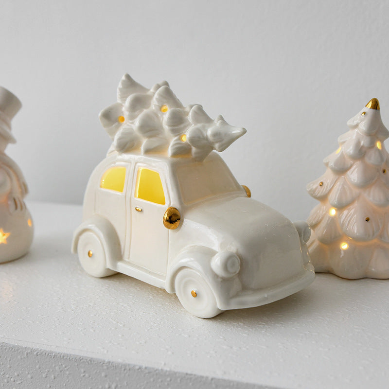 Mini Ceramic Snowman Car Figurine | Desktop Holiday Decor & Small Scene Prop Gift eprolo