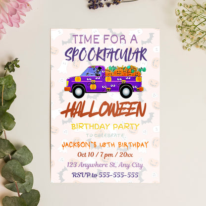 Time For A Spooktacular Halloween Truck Invitation Template - CreativeRino