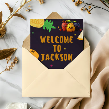 Hey Bear Dancing Fruit Birthday Welcome Sign Template - CreativeRino
