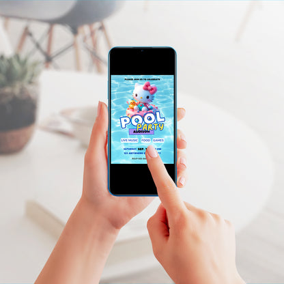 Kawaii Kitty Pool Birthday Party Invitation Template - CreativeRino