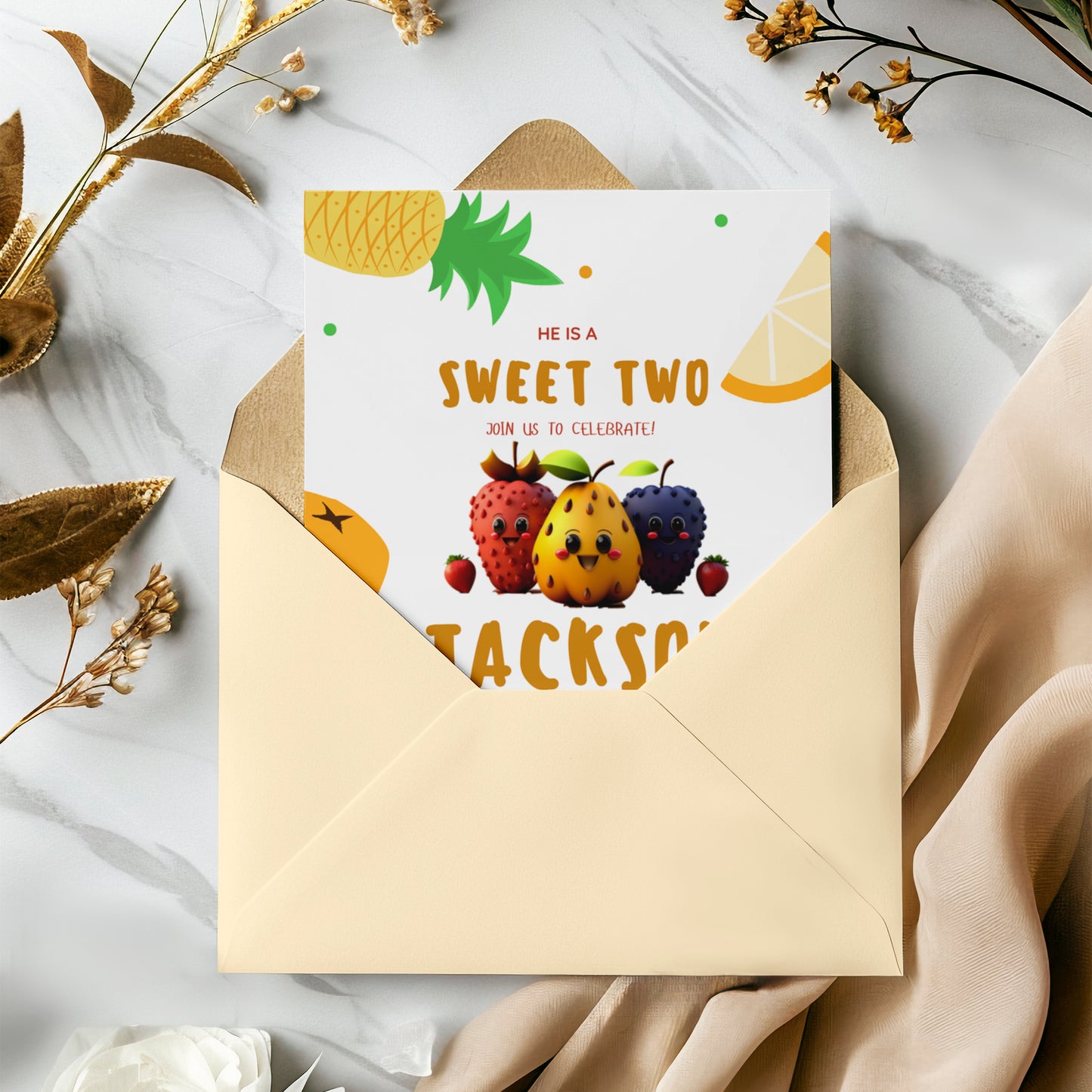 Hey Bear Dancing Fruit Birthday Invitation Template - CreativeRino