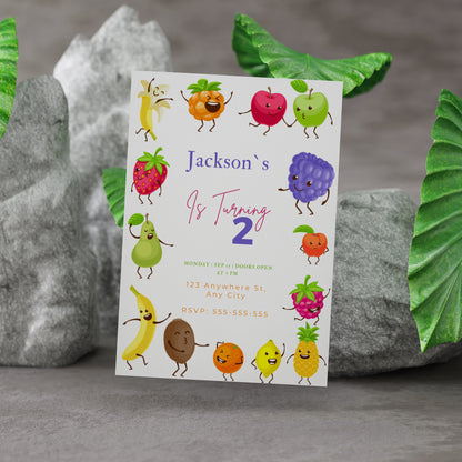 Hey Bear Dancing Fruit Birthday Invitation Template - CreativeRino