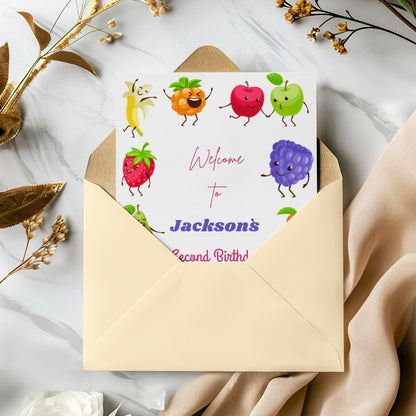 Hey Bear Dancing Fruit Birthday Welcome Sign Template - CreativeRino