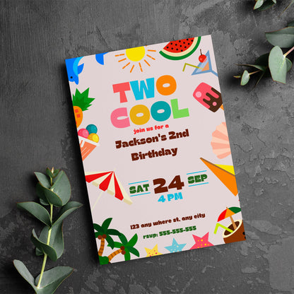 Two Cool Birthday Party Invitation | Two Cool Summer Invite Canva Template CreativeRino