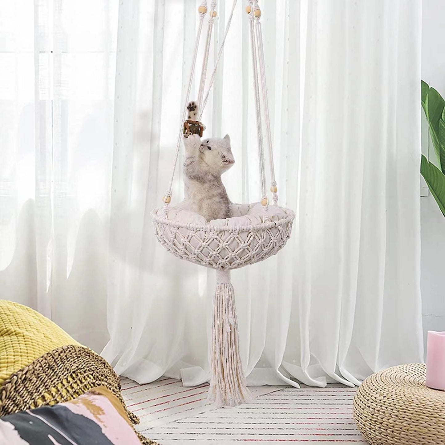 Premium Macrame Cat Hammock – Hanging Nest Basket Swing & Cozy Pet Bed CreativeRino
