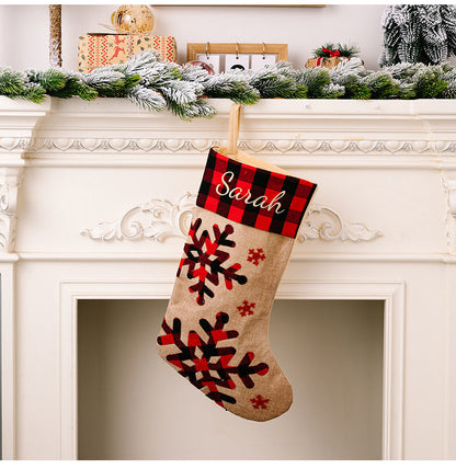 Rustic Buffalo Plaid Christmas Stocking | Red & Black Checkered Imitation Linen Embroidered Gift Bag eprolo