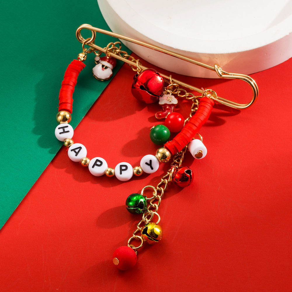 'HAPPY' Letter Christmas Fun Brooch | Alloy Bead & Jingle Bell Holiday Pin Jewelry eprolo