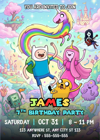 Adventure Time Birthday Invitation Editable Canva Template | Finn & Jake Party Invite CreativeRino
