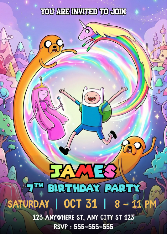 Adventure Time Invitation Template Canva Editable | Finn Jake Birthday Party Invite CreativeRino