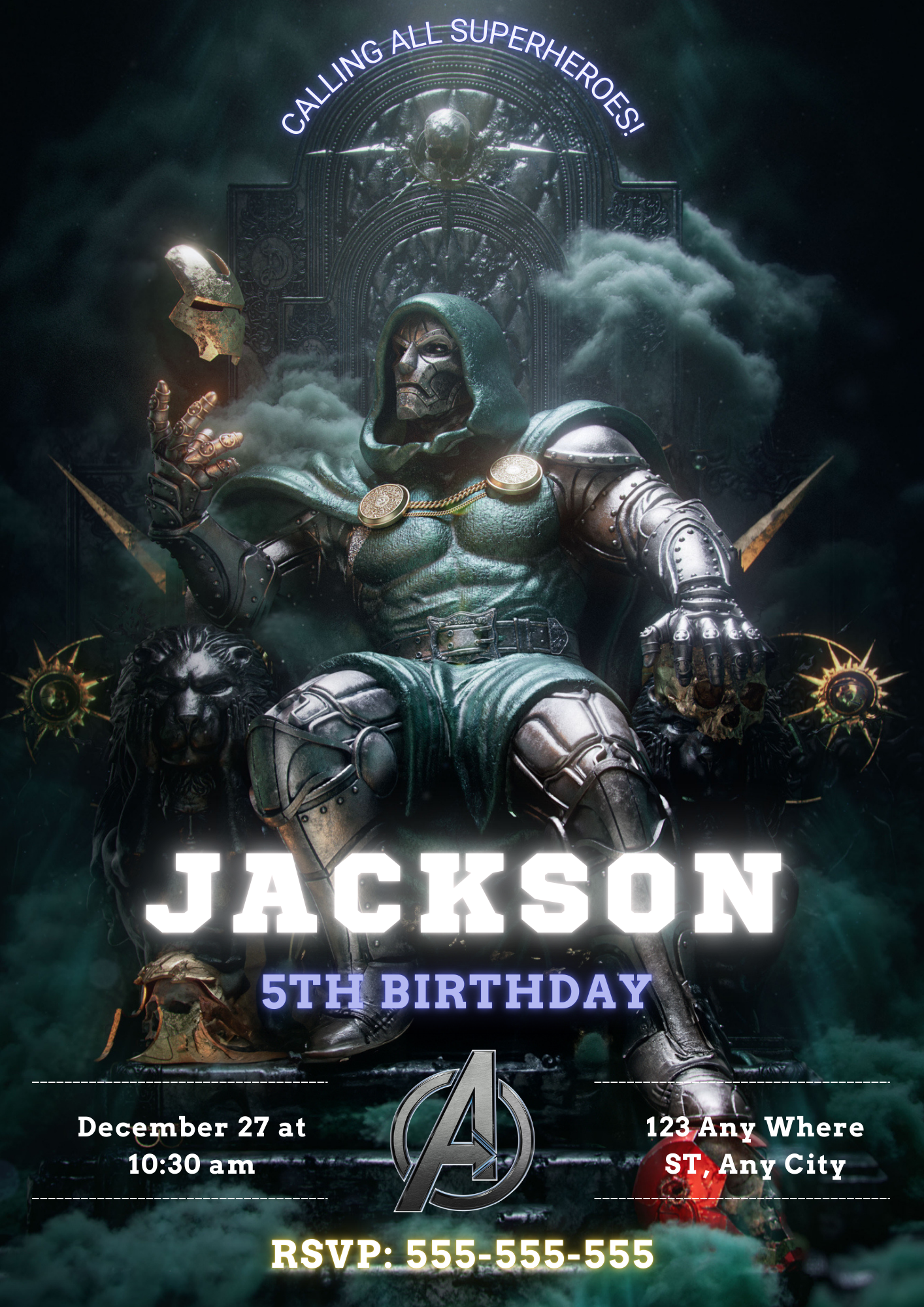 Avengers Doomsday Birthday Invitation Template | Dr Doom Invite - CreativeRino
