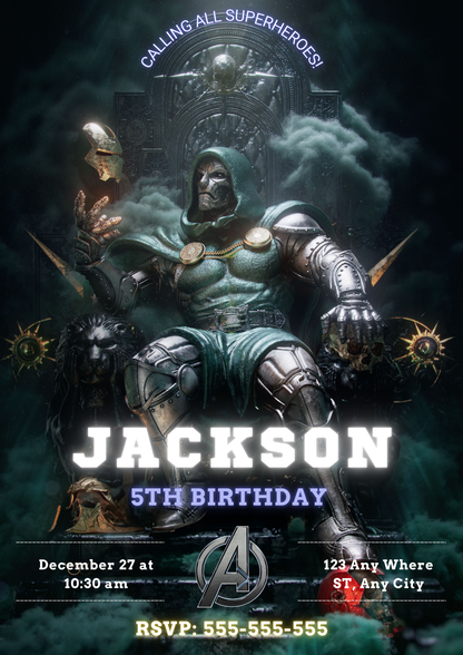 Avengers Doomsday Birthday Invitation Template | Dr Doom Invite - CreativeRino
