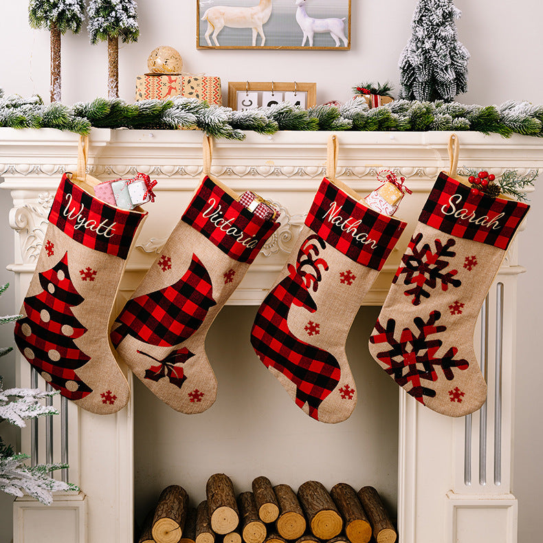 Rustic Buffalo Plaid Christmas Stocking | Red & Black Checkered Imitation Linen Embroidered Gift Bag eprolo