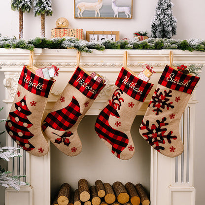 Rustic Buffalo Plaid Christmas Stocking | Red & Black Checkered Imitation Linen Embroidered Gift Bag eprolo