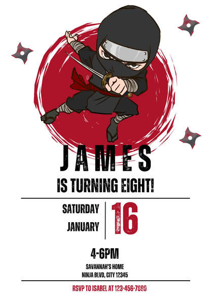 Ninja Birthday Invitation Template | Ninja Warrior Party Invite - CreativeRino