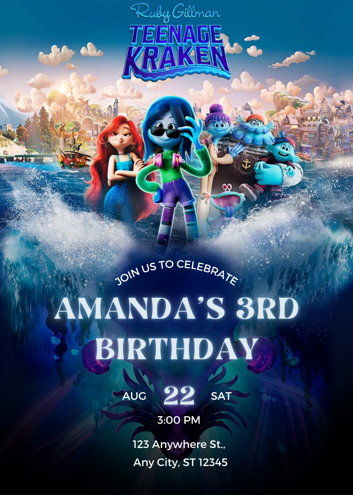 Ruby Gillman Teenage Kraken Birthday Invitation Template