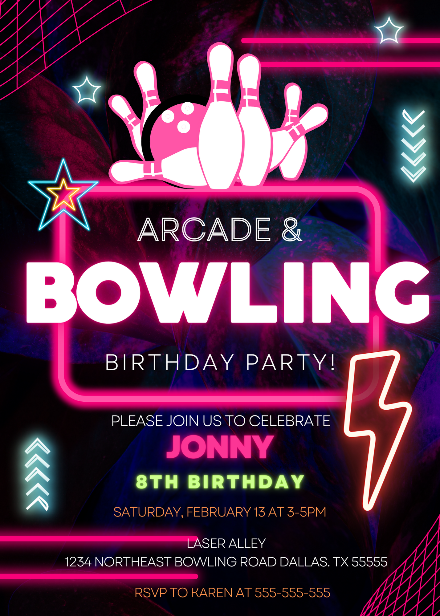 Arcade and Bowling Birthday Invitation Template