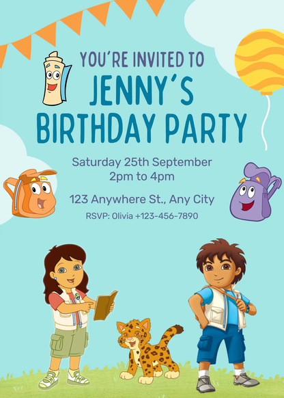 Go Diego Go Birthday Invitation Template - CreativeRino