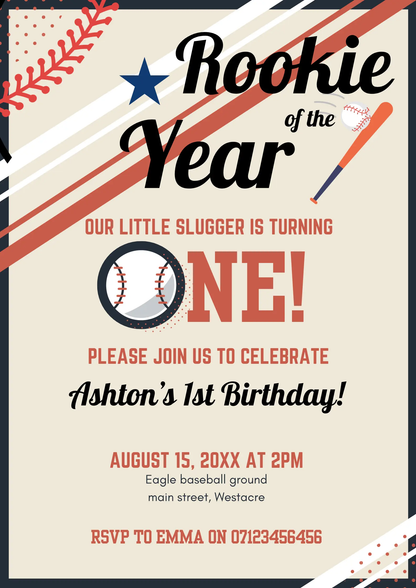 Baseball Birthday Invitation Template | Rookie of the Year - CreativeRino