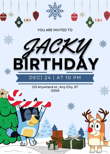 Bluey and Bingo Christmas Birthday Invitation Template - CreativeRino