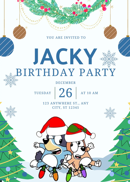 Bluey and Bingo Christmas Birthday Invitation Template - CreativeRino