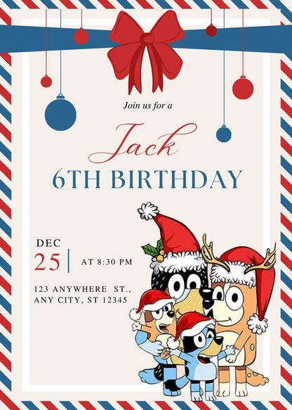 Bluey and Bingo Christmas Birthday Invitation Template - CreativeRino