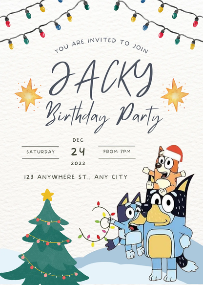 Bluey and Bingo Christmas Birthday Invitation Template - CreativeRino