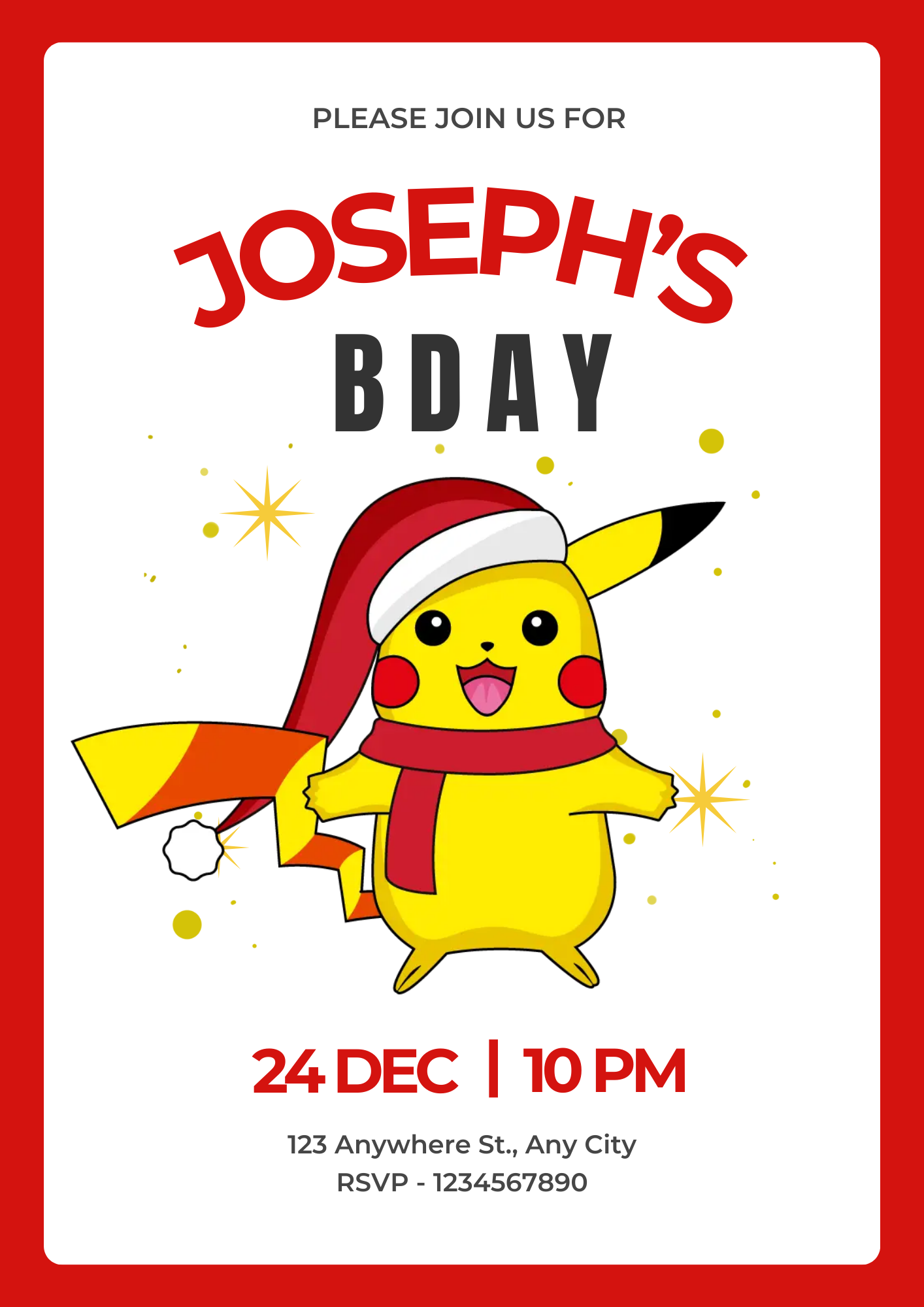 Pikachu Pokemon Christmas Birthday Invitation Template