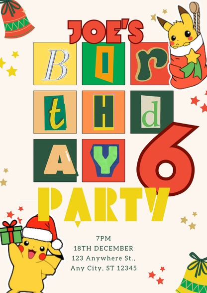 Pikachu Pokemon Christmas Birthday Invitation Template - CreativeRino