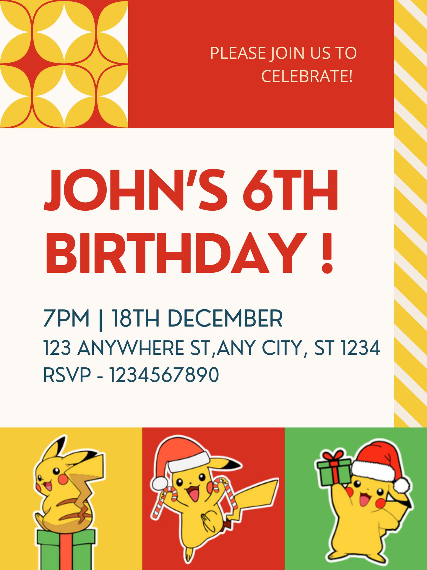 Pikachu Pokemon Christmas Birthday Invitation Template