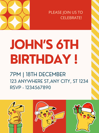 Pikachu Pokemon Christmas Birthday Invitation Template - CreativeRino