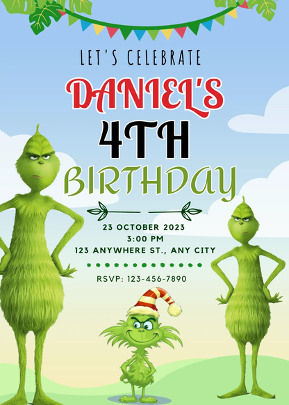 Grinch Birthday Invitation Template - CreativeRino