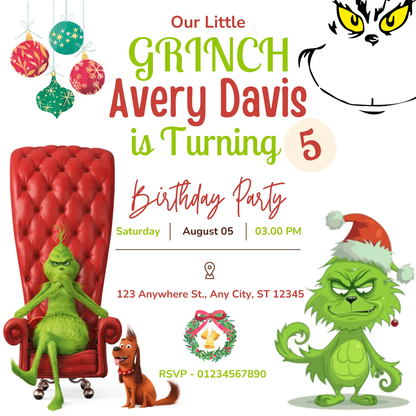Baby Grinch Christmas Birthday Invitation Template - CreativeRino