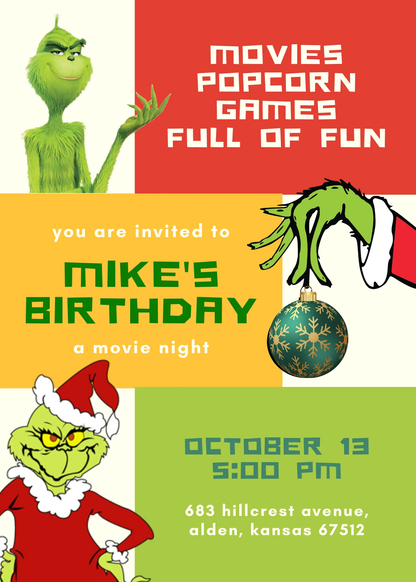 Grinch Christmas Birthday Invitation Template - CreativeRino