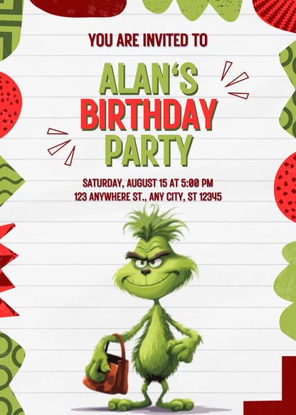 Baby Grinch Birthday Invitation Template - CreativeRino