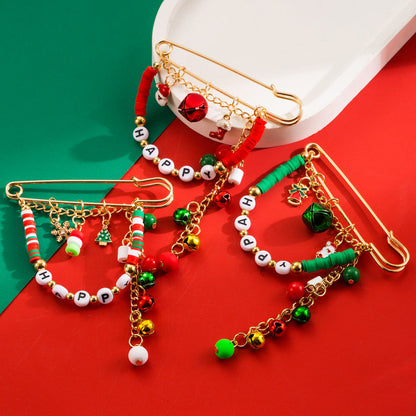 'HAPPY' Letter Christmas Fun Brooch | Alloy Bead & Jingle Bell Holiday Pin Jewelry eprolo