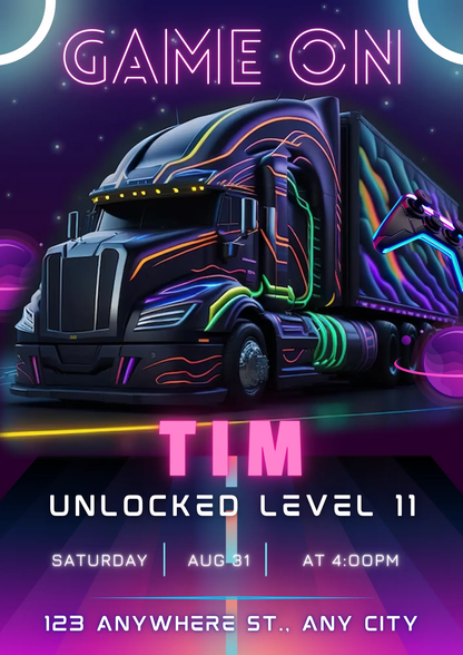 Game Truck Gaming Birthday Invitation Template - CreativeRino