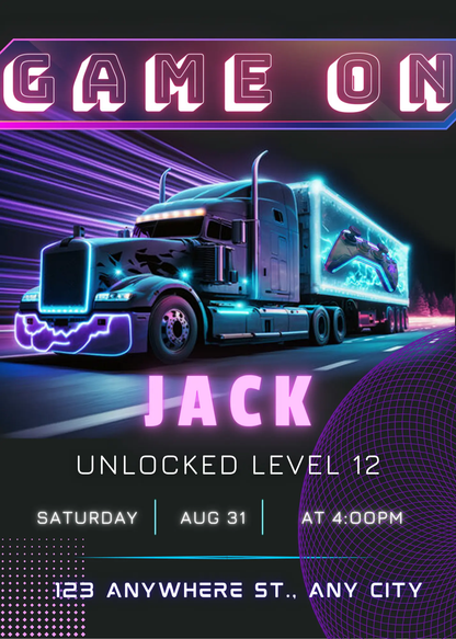 Game Truck Gaming Birthday Invitation Template - CreativeRino