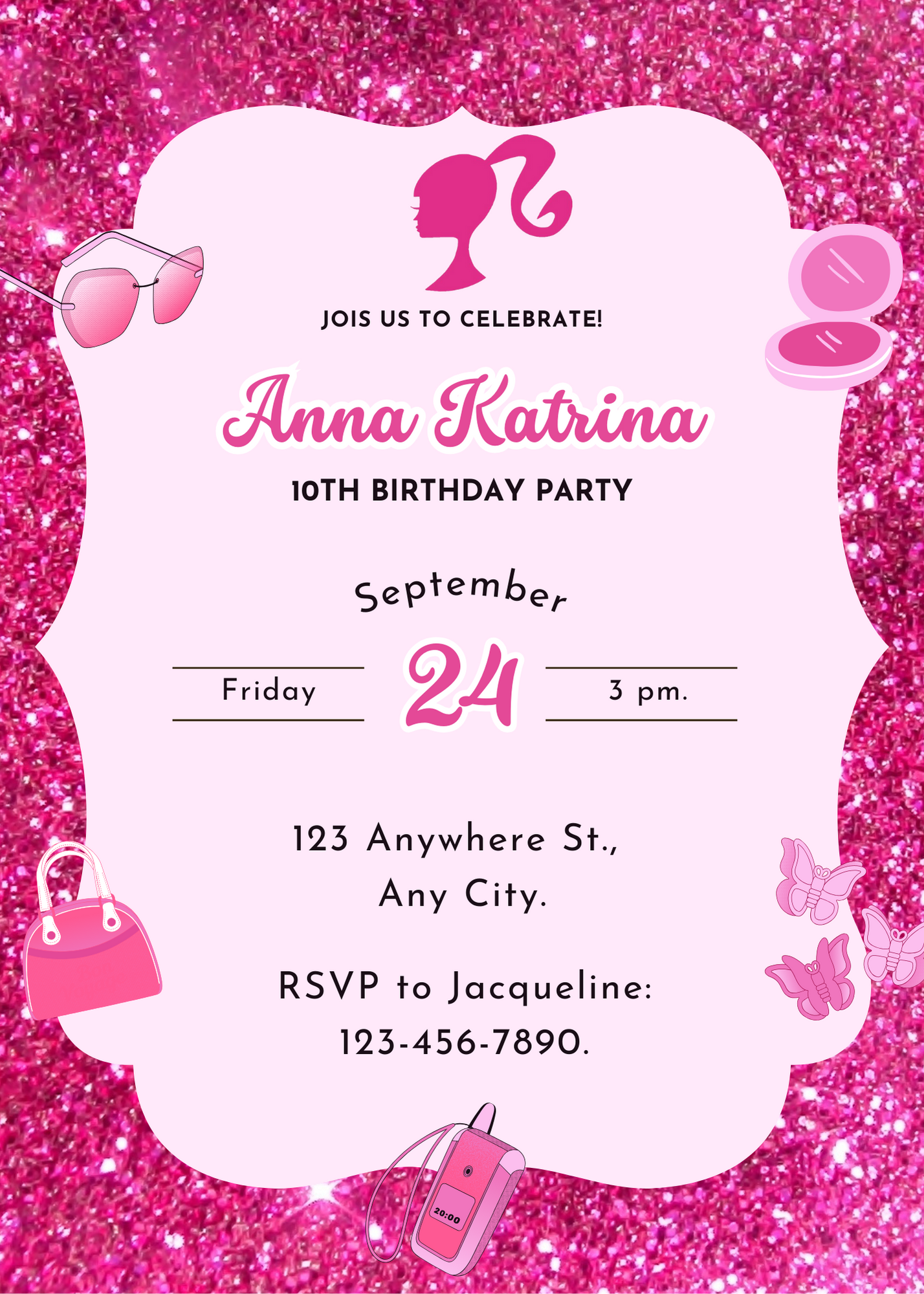 Pink Doll Birthday Invitation Template