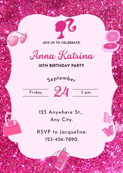 Pink Doll Birthday Invitation Template - CreativeRino