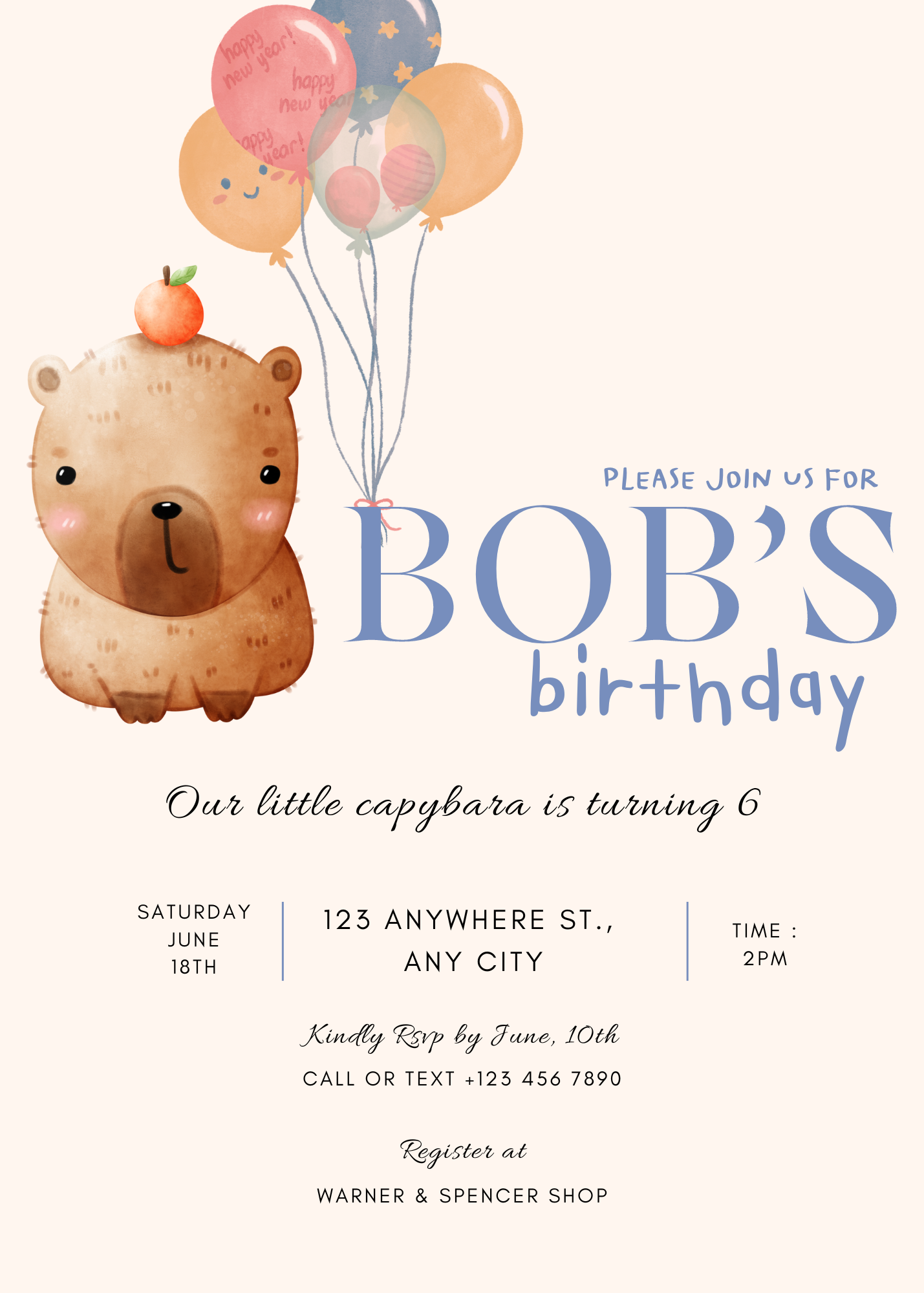 Capybara Birthday Invitation Template