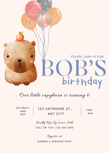 Capybara Birthday Invitation Template - CreativeRino